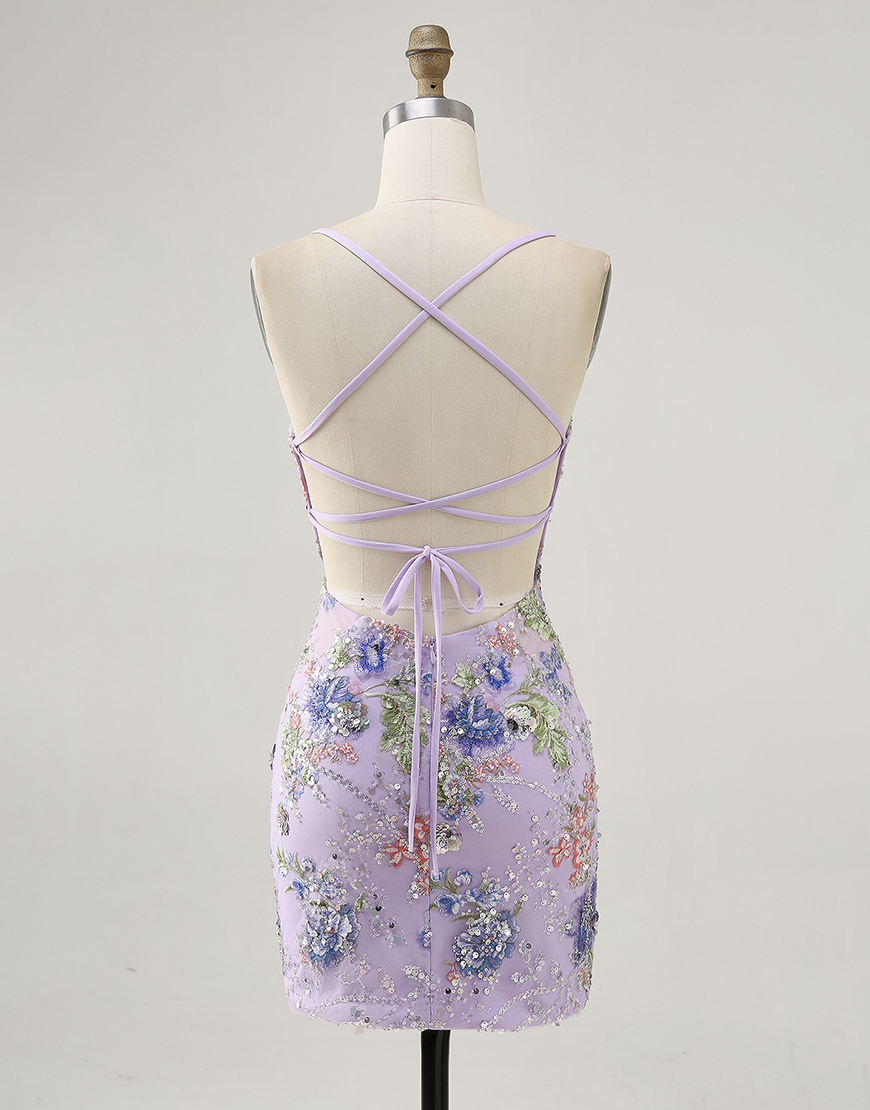 Sparkly Lilac Tight Floral Short Homecoming Dress with Sequins