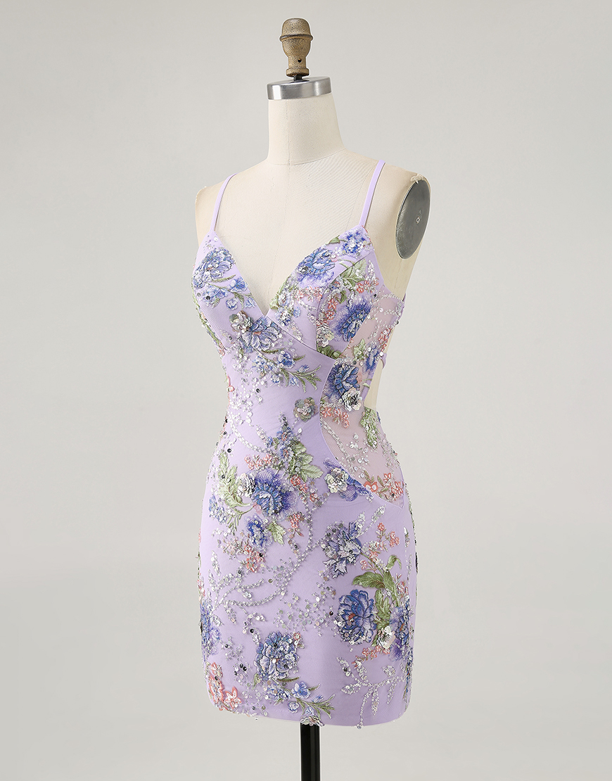 Sparkly Lilac Tight Floral Short Homecoming Dress with Sequins
