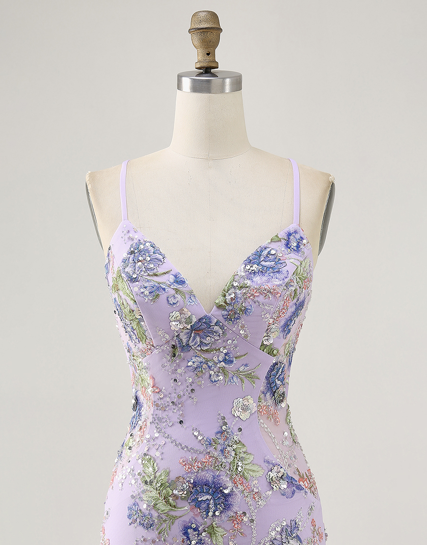 Sparkly Lilac Tight Floral Short Homecoming Dress with Sequins