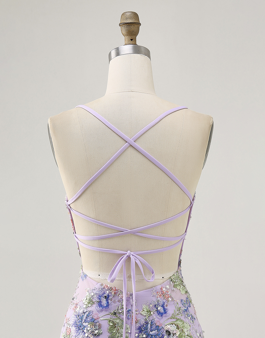 Sparkly Lilac Tight Floral Short Homecoming Dress with Sequins