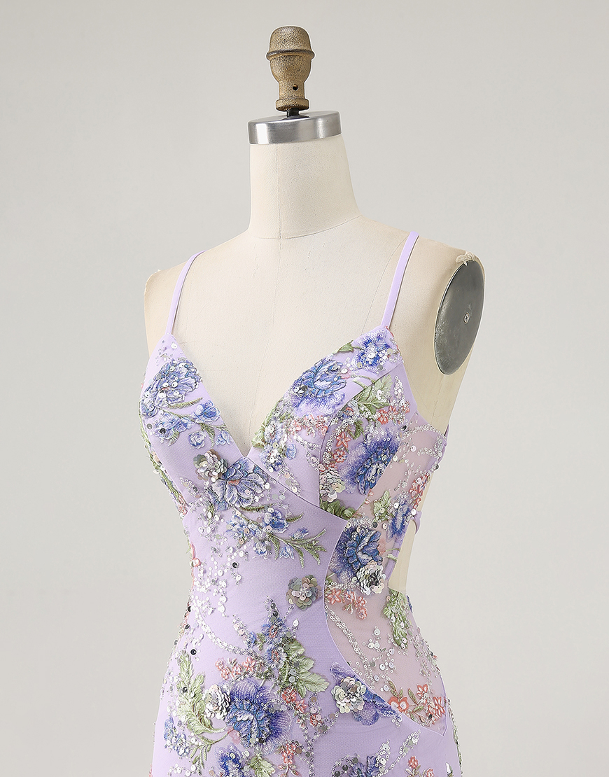 Sparkly Lilac Tight Floral Short Homecoming Dress with Sequins