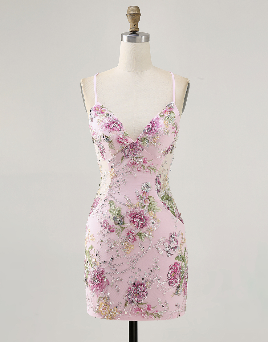 Sparkly Pink Floral Beaded Tight Homecoming Dress with Sequins