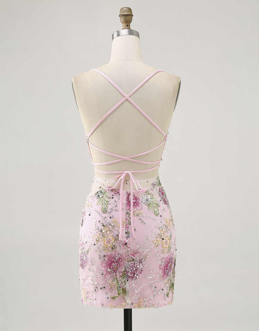 Sparkly Lilac Tight Floral Short Homecoming Dress with Sequins