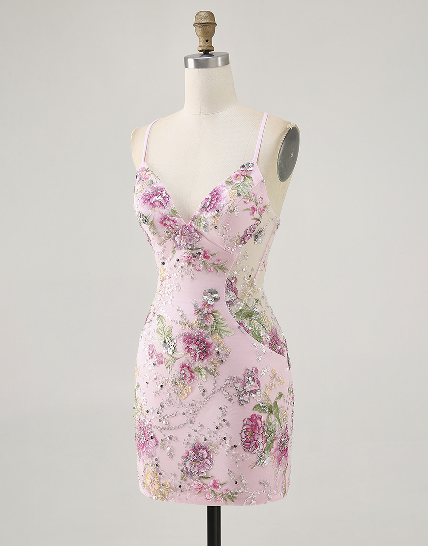 Sparkly Lilac Tight Floral Short Homecoming Dress with Sequins