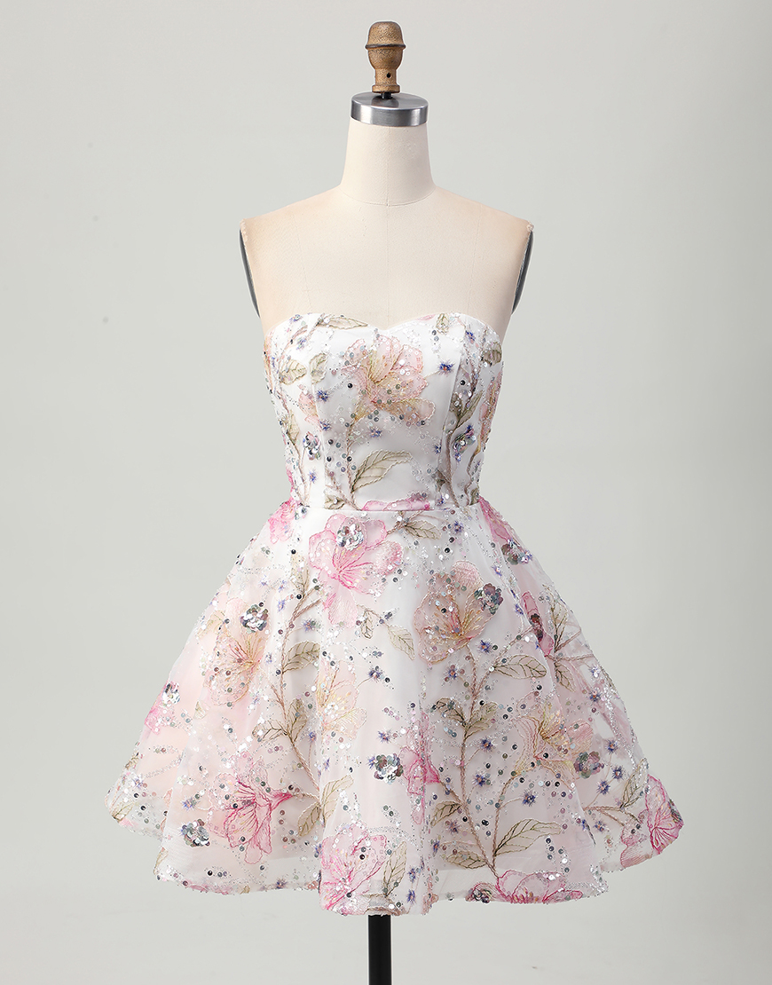 Sparkly Pink Floral A Line Short Corset Homecoming Dress