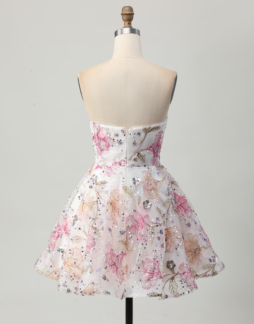 Sparkly Pink Floral A Line Short Corset Homecoming Dress
