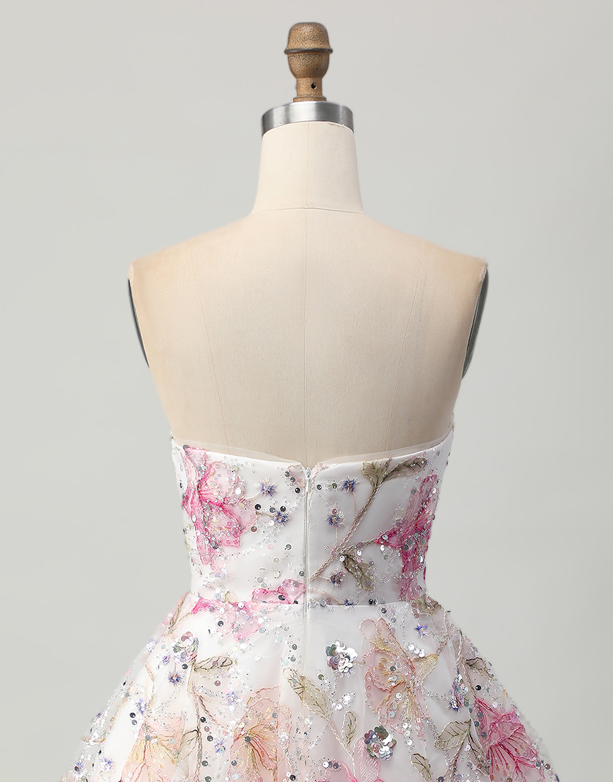 Sparkly Pink Floral A Line Short Corset Homecoming Dress