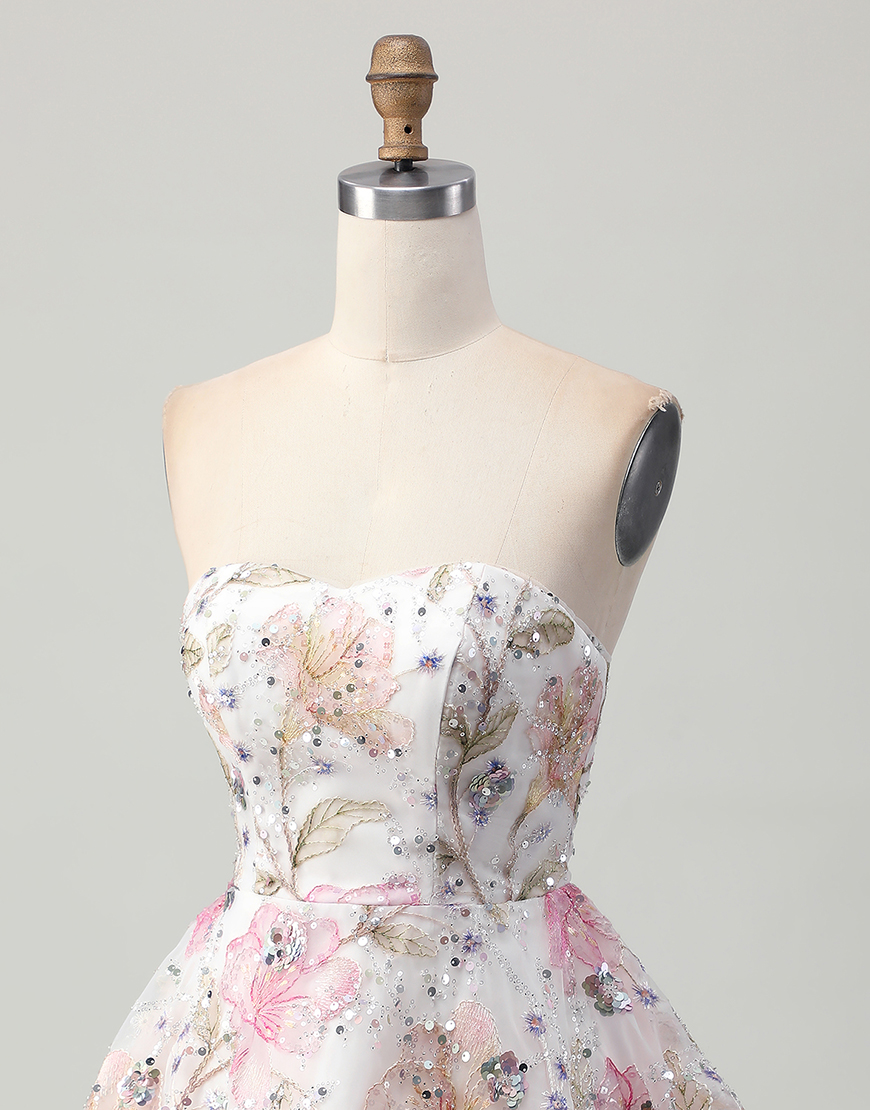Sparkly Pink Floral A Line Short Corset Homecoming Dress