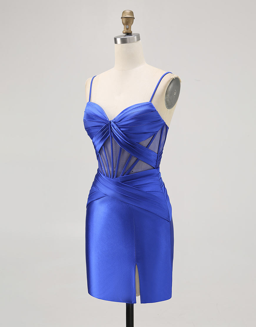 Royal Blue Tight Ruched Satin Short Corset Homecoming Dress with Slit