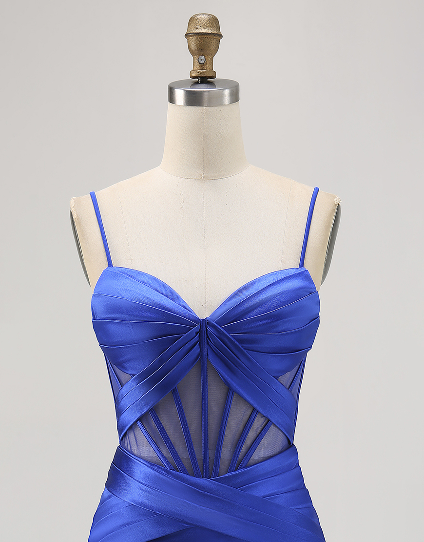 Royal Blue Tight Ruched Satin Short Corset Homecoming Dress with Slit