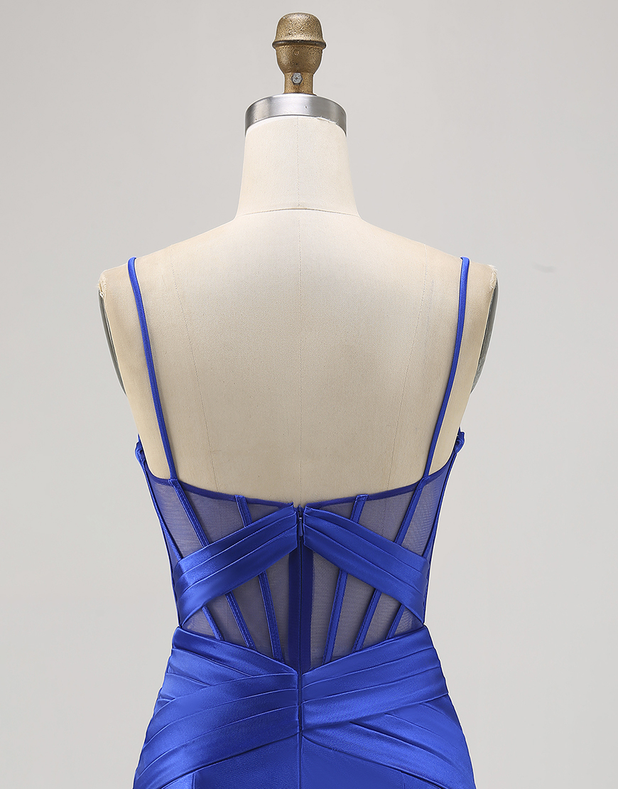 Royal Blue Tight Ruched Satin Short Corset Homecoming Dress with Slit