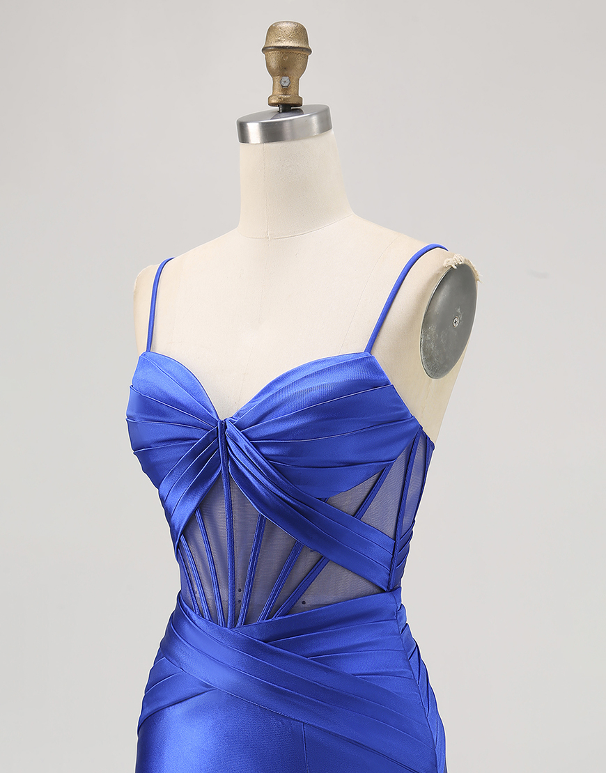 Royal Blue Tight Ruched Satin Short Corset Homecoming Dress with Slit