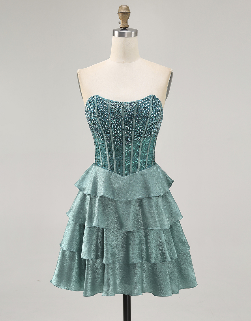 Sparkly Peacock Green A Line Strapless Ruffled Short Corset Homecoming Dress