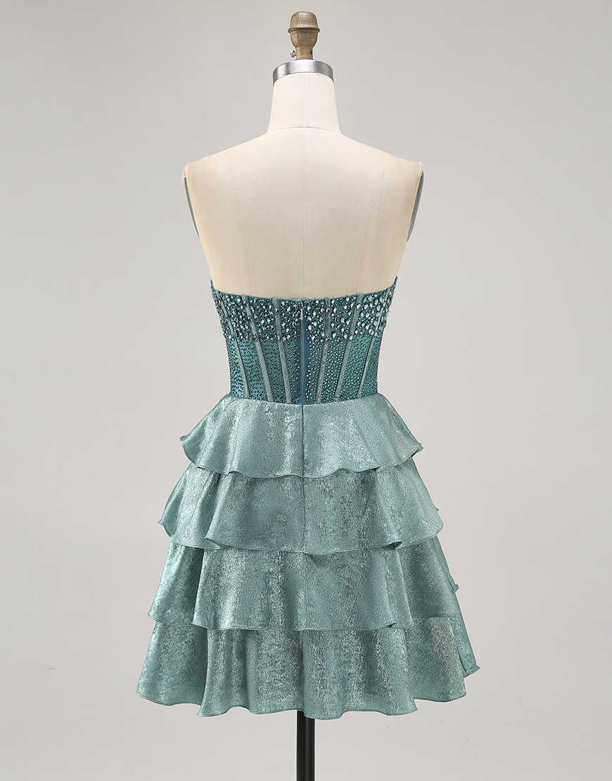 Sparkly Peacock Green A Line Strapless Ruffled Short Corset Homecoming Dress