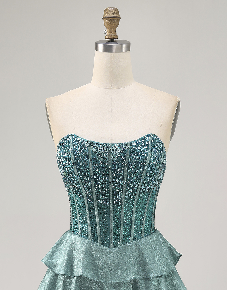 Sparkly Peacock Green A Line Strapless Ruffled Short Corset Homecoming Dress