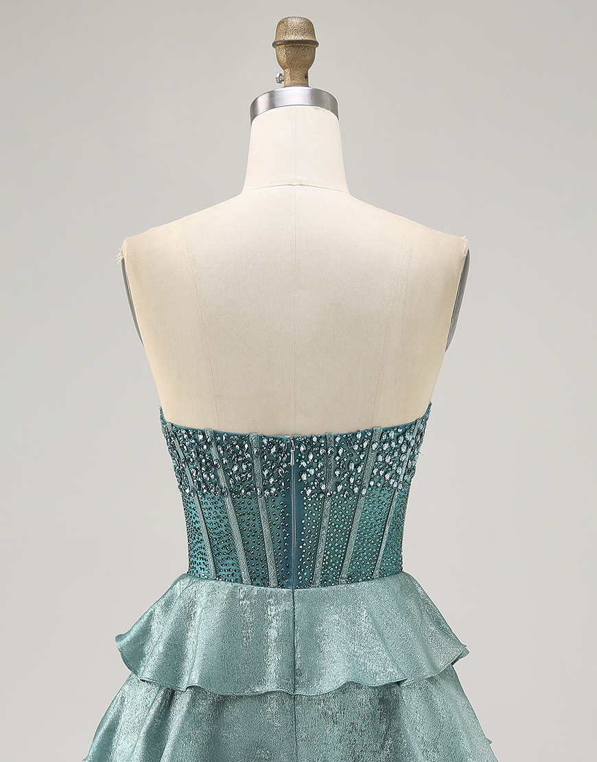 Sparkly Peacock Green A Line Strapless Ruffled Short Corset Homecoming Dress
