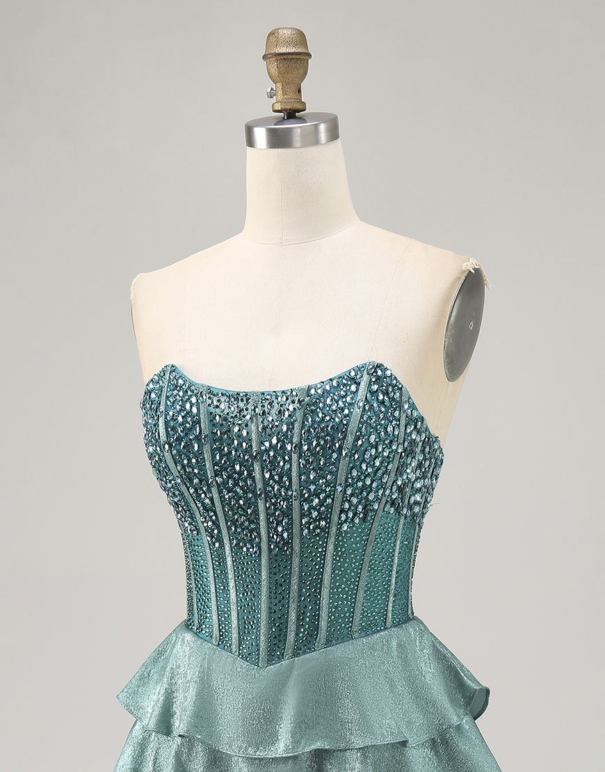 Sparkly Peacock Green A Line Strapless Ruffled Short Corset Homecoming Dress