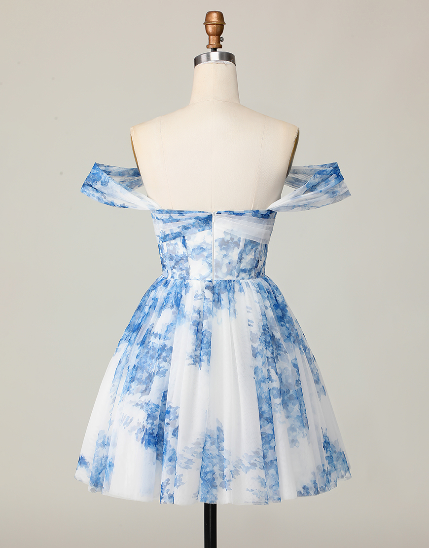 White Blue Floral A Line Off the Shoulder Short Corset Homecoming Dress