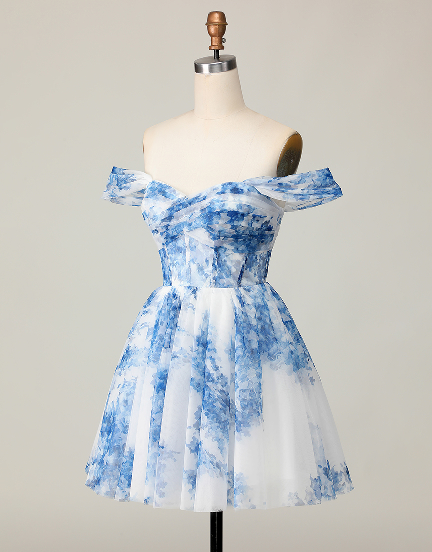 White Blue Floral A Line Off the Shoulder Short Corset Homecoming Dress