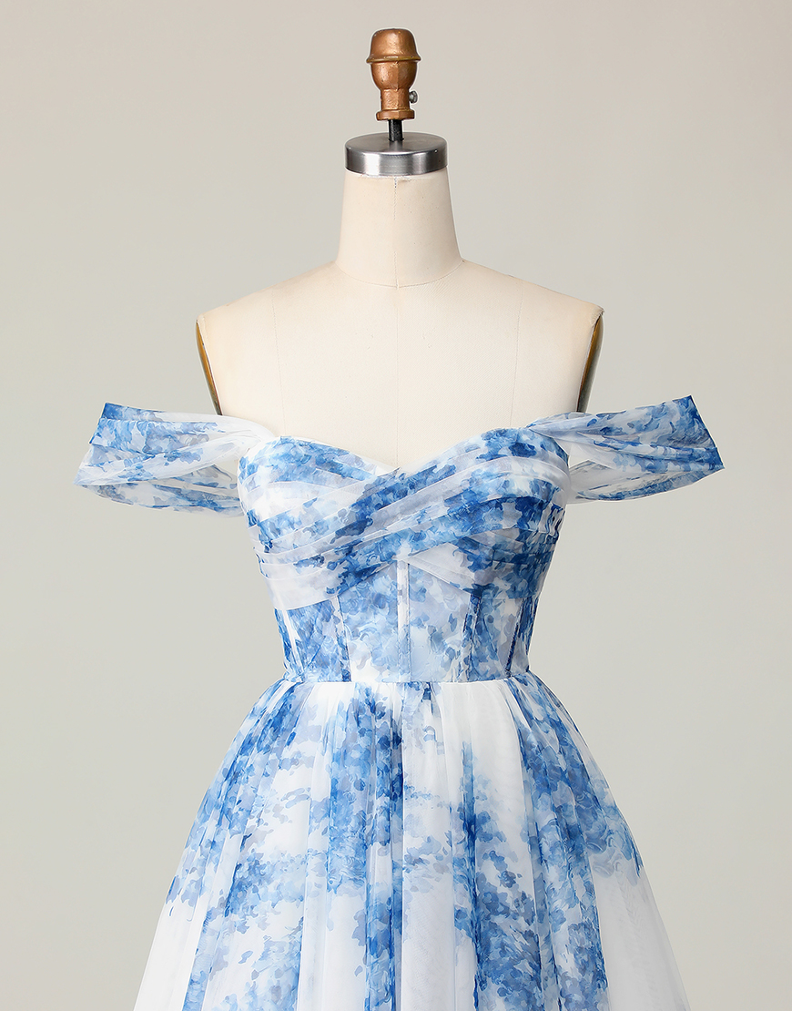 White Blue Floral A Line Off the Shoulder Short Corset Homecoming Dress