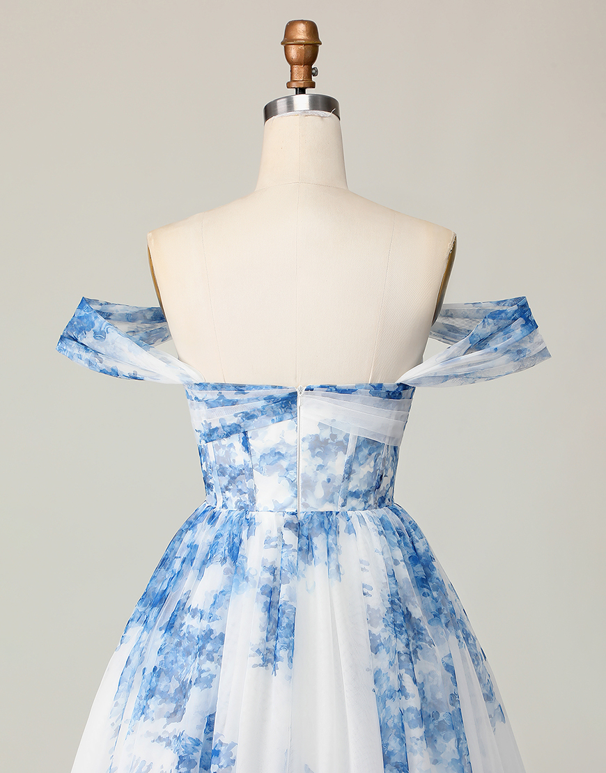 White Blue Floral A Line Off the Shoulder Short Corset Homecoming Dress