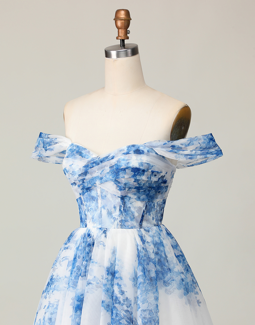 White Blue Floral A Line Off the Shoulder Short Corset Homecoming Dress