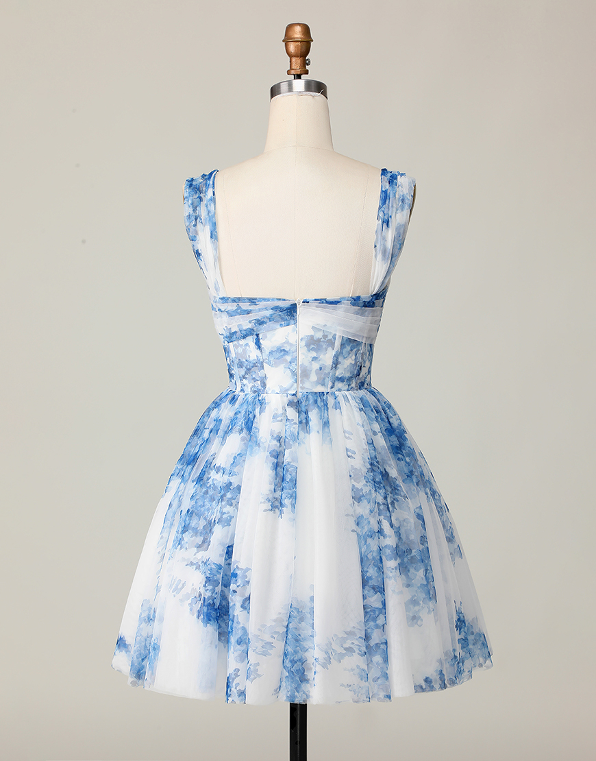 White Blue Floral A Line Off the Shoulder Short Corset Homecoming Dress