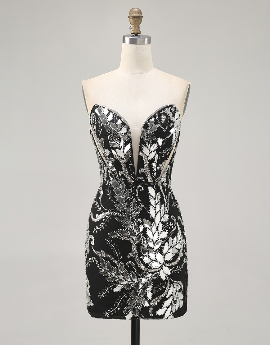 Sparkly Black Strapless Short Mirror Tight Homecoming Dress