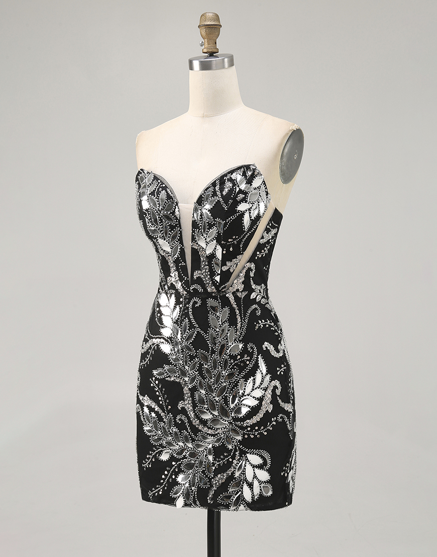 Sparkly Black Strapless Short Mirror Tight Homecoming Dress