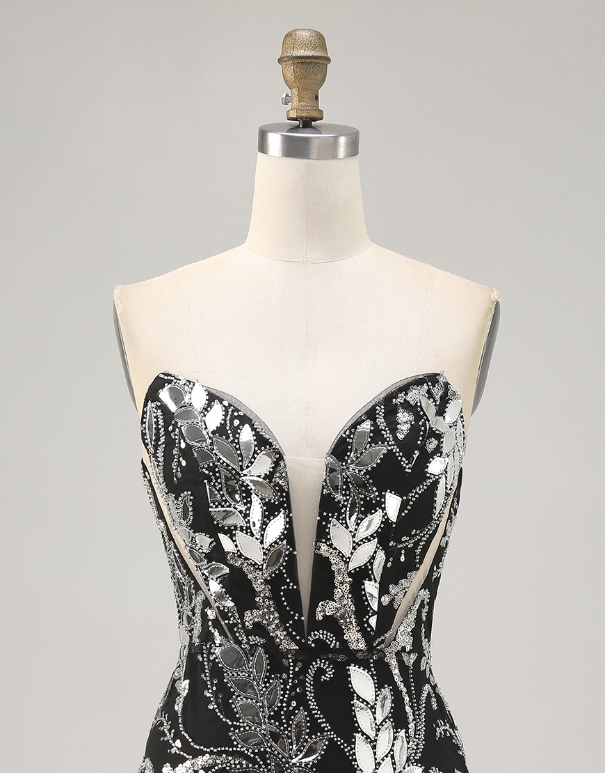 Sparkly Black Strapless Short Mirror Tight Homecoming Dress