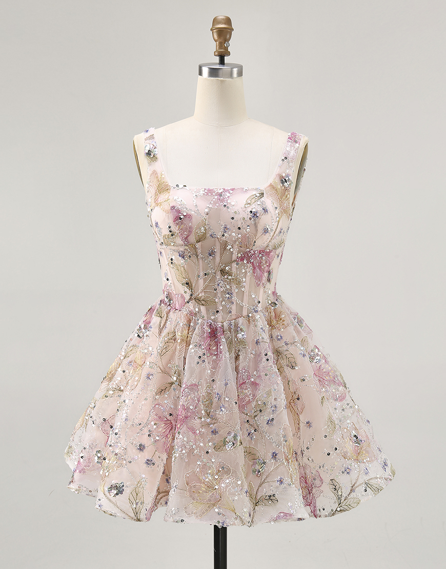 Sparkly Pink Beaded Floral Short Corset Homecoming Dress with Sequins