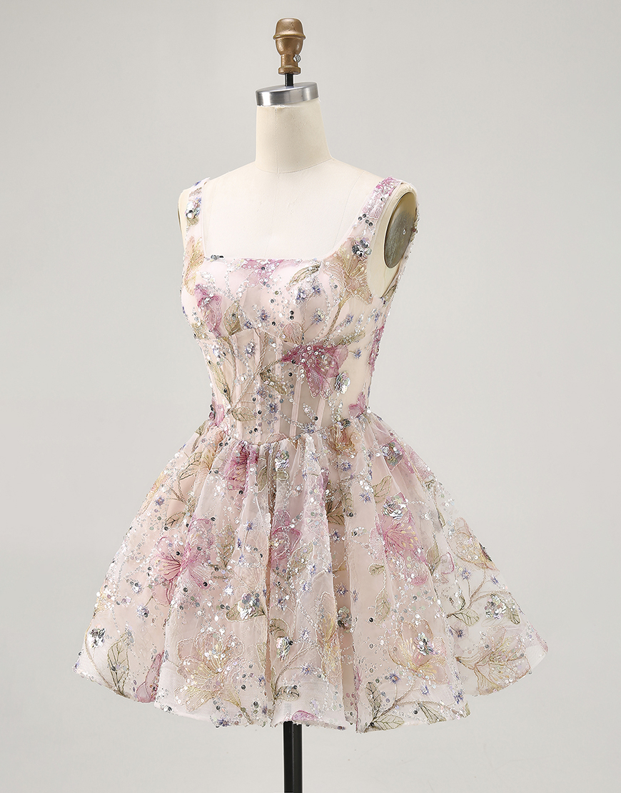 Sparkly Pink Beaded Floral Short Corset Homecoming Dress with Sequins