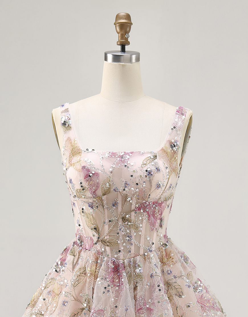 Sparkly Pink Beaded Floral Short Corset Homecoming Dress with Sequins