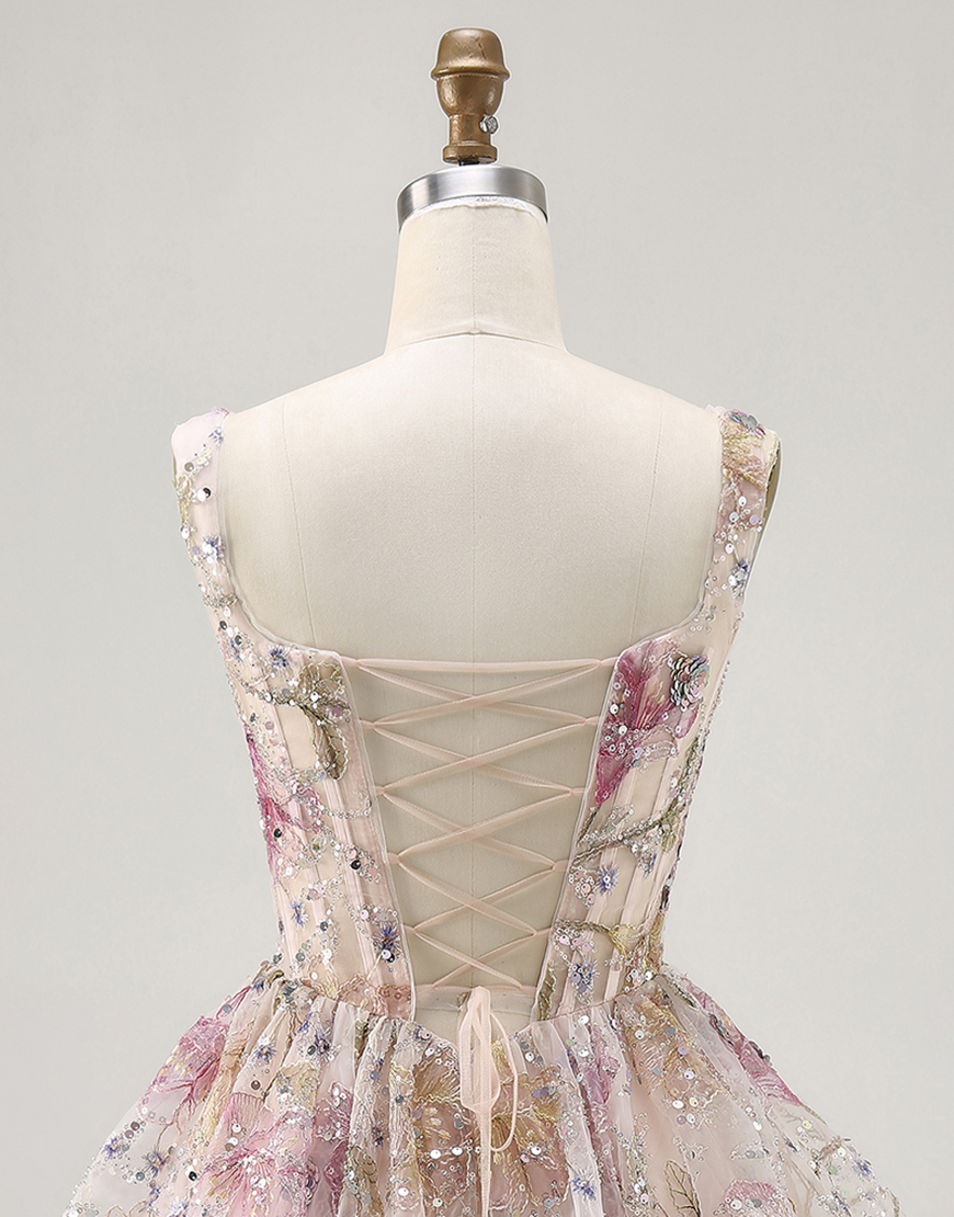 Sparkly Pink Beaded Floral Short Corset Homecoming Dress with Sequins