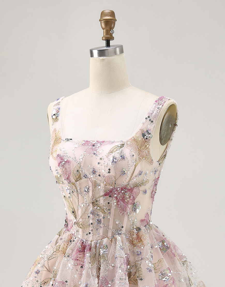 Sparkly Pink Beaded Floral Short Corset Homecoming Dress with Sequins