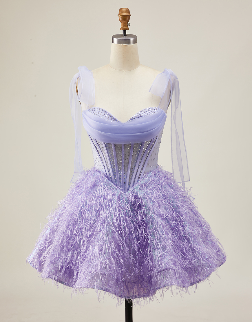 Sparkly Lilac Beaded Short Corset Homecoming Dress with Feathers