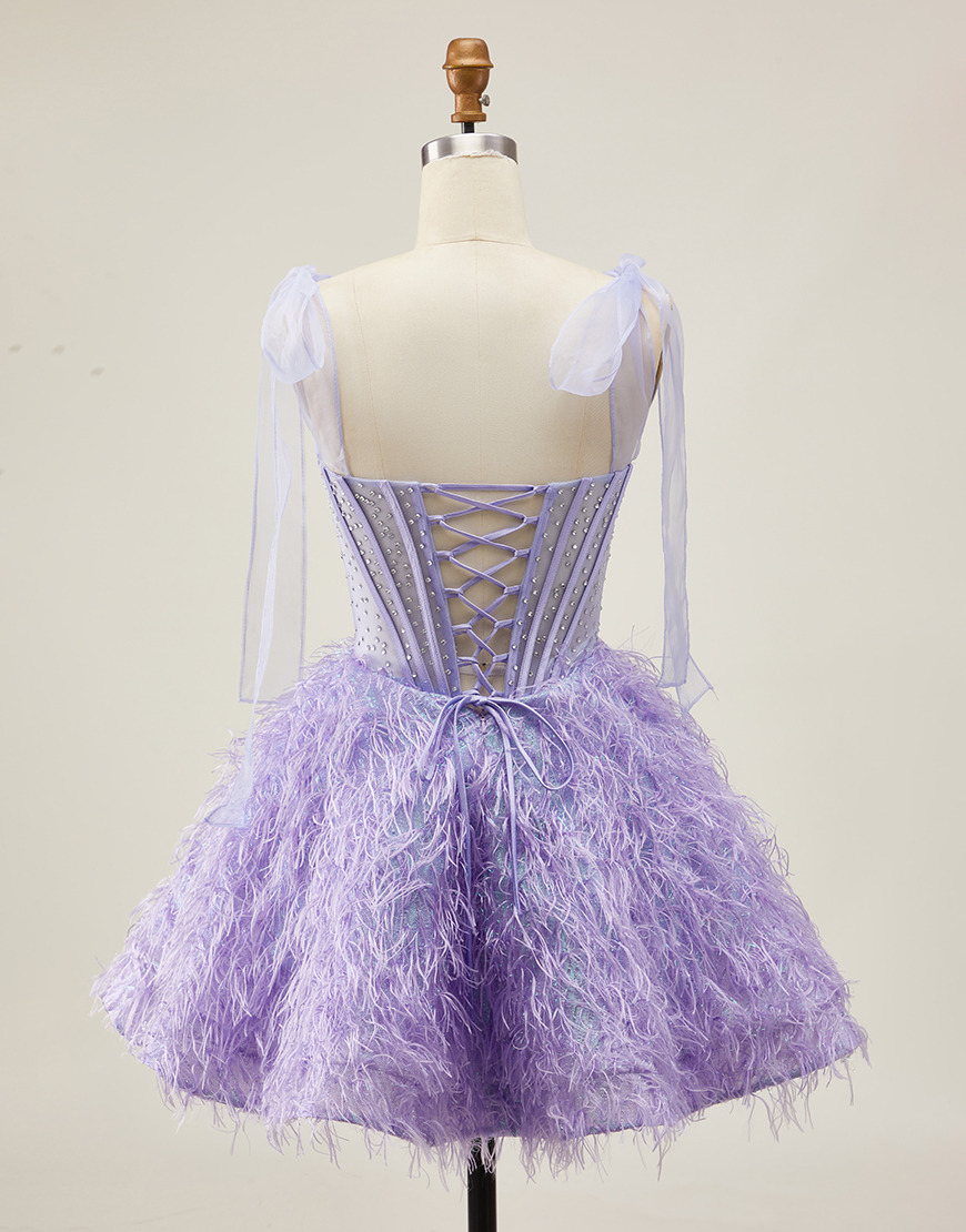 Sparkly Lilac Beaded Short Corset Homecoming Dress with Feathers