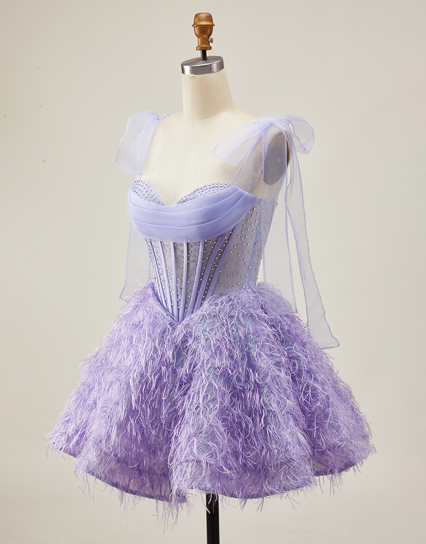 Sparkly Lilac Beaded Short Corset Homecoming Dress with Feathers