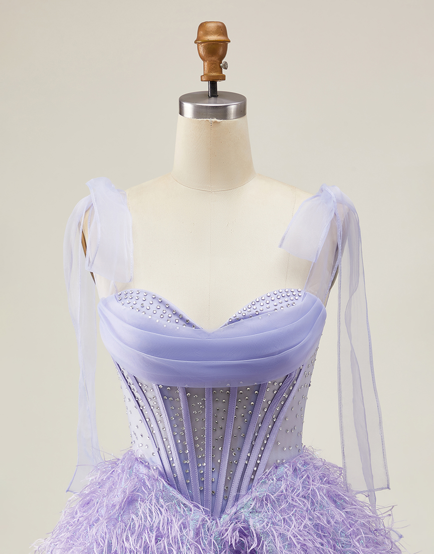 Sparkly Lilac Beaded Short Corset Homecoming Dress with Feathers