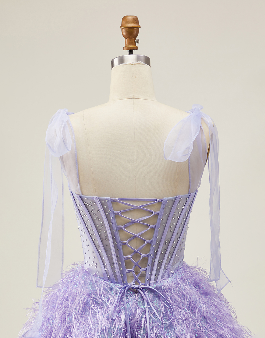 Sparkly Lilac Beaded Short Corset Homecoming Dress with Feathers