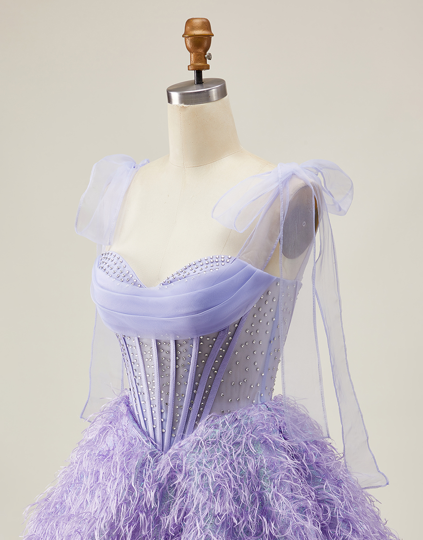 Sparkly Lilac Beaded Short Corset Homecoming Dress with Feathers