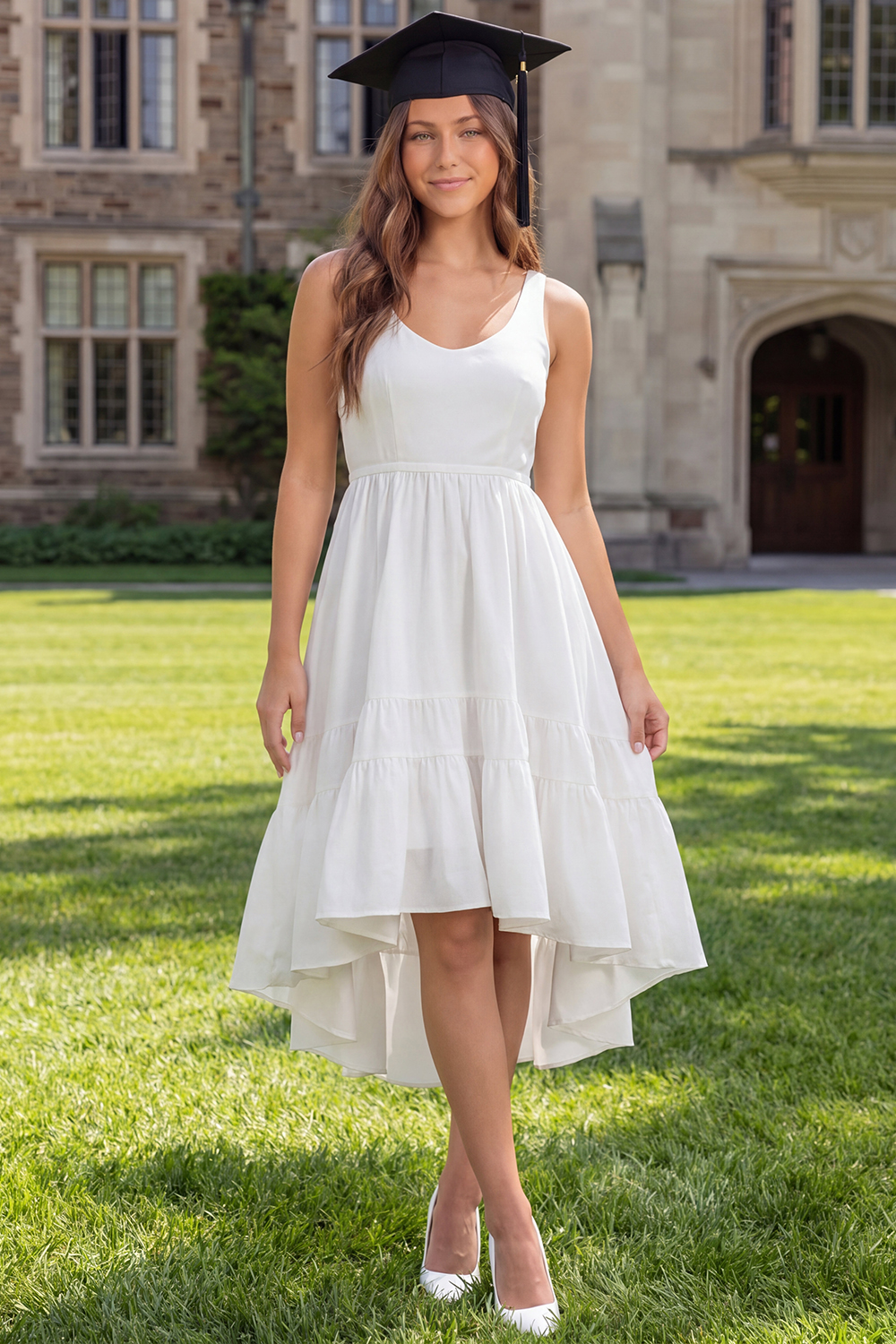 Ivory Scoop Neck Satin Midi Boho Graduation Dress
