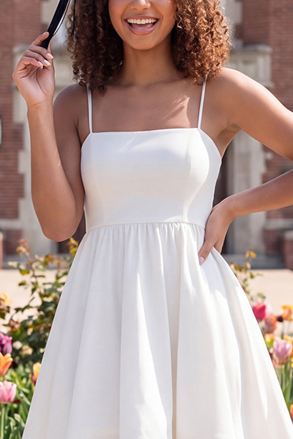Ivory A Line Spaghetti Straps Satin Short Graduation Dress