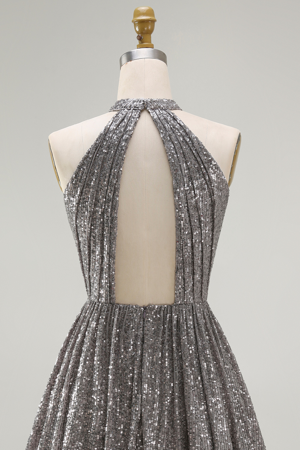 Sparkly Silver Halter Short Sequin Cocktail Dress with Keyhole