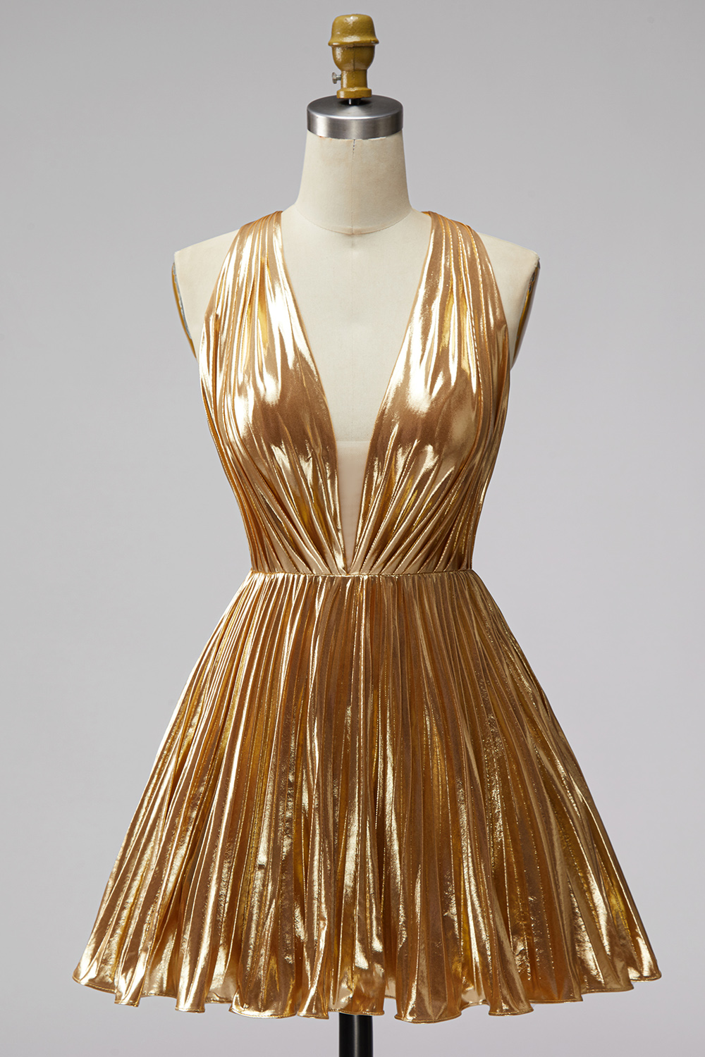 Sparkly Metallic Gold A Line Deep V-Neck Short Cocktail Dress