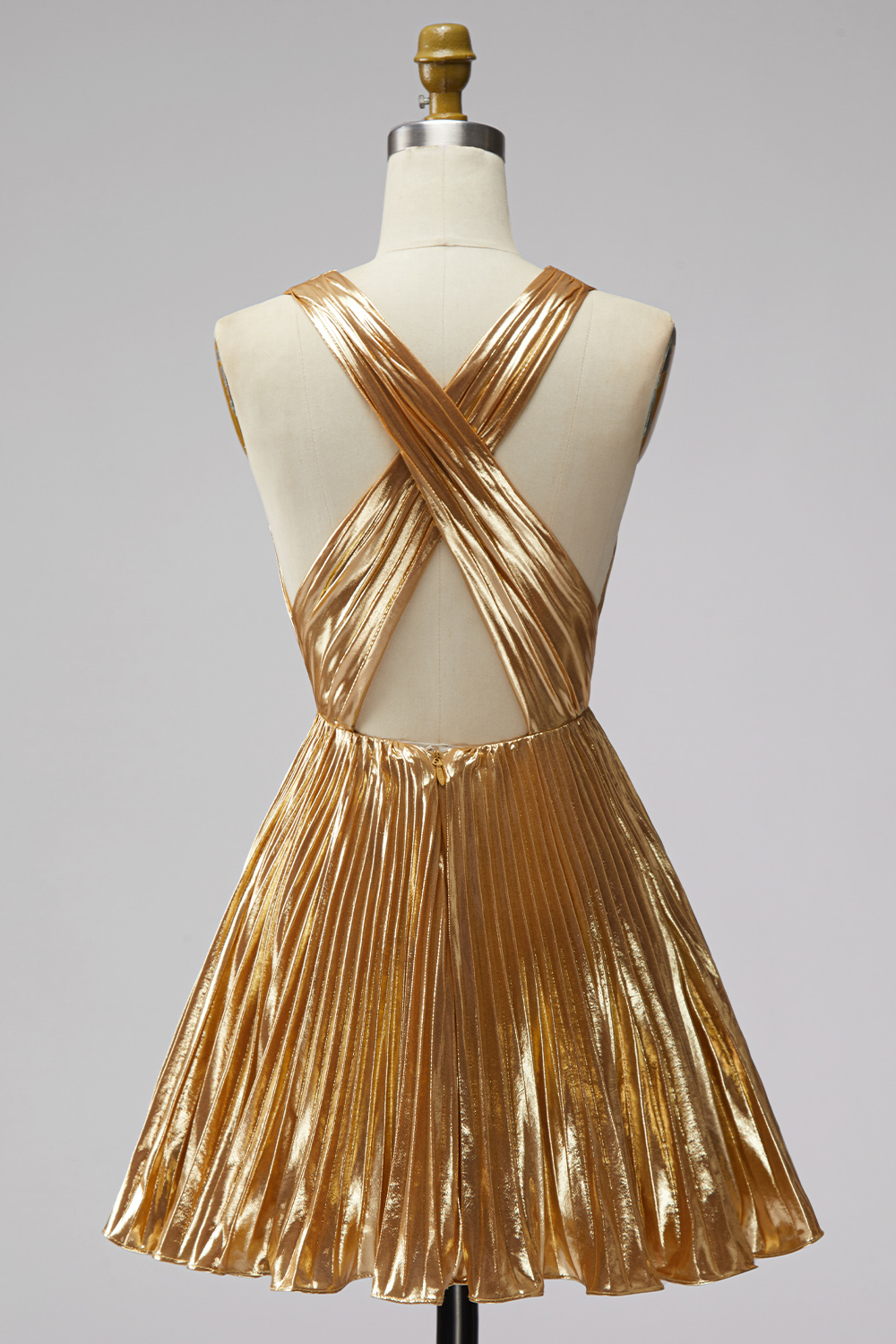 Sparkly Metallic Gold A Line Deep V-Neck Short Cocktail Dress