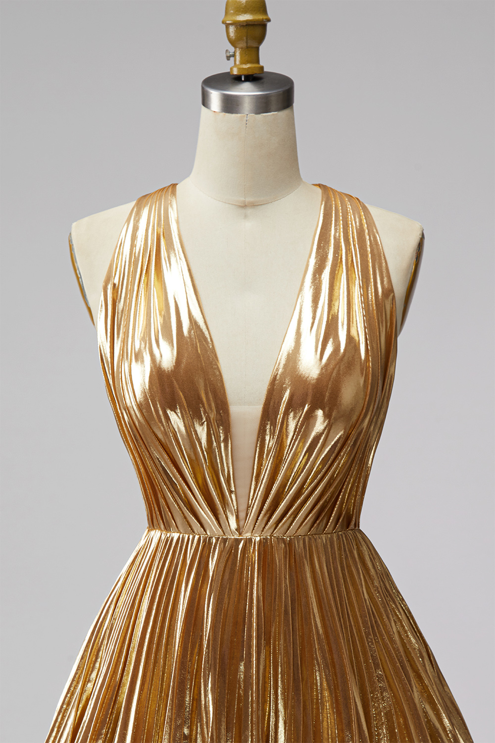 Sparkly Metallic Gold A Line Deep V-Neck Short Cocktail Dress