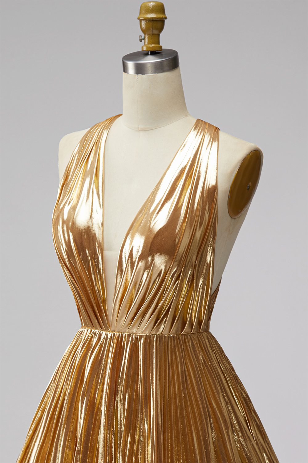 Sparkly Metallic Gold A Line Deep V-Neck Short Cocktail Dress