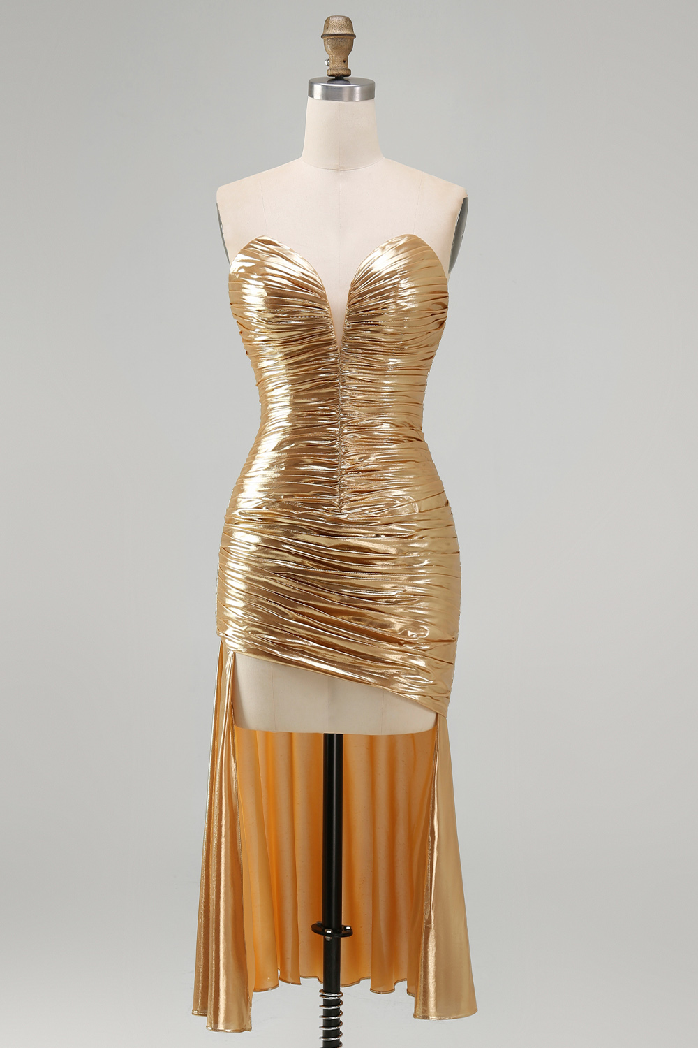 Sparkly Gold Metallic Ruched Sweetheart High-Low Cocktail Dress