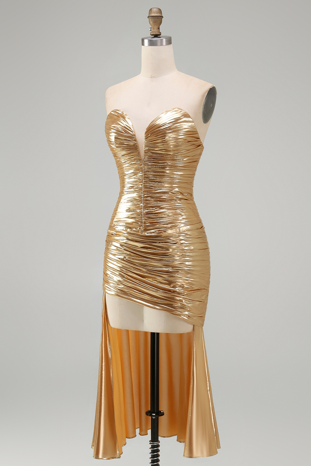 Sparkly Gold Metallic Ruched Sweetheart High-Low Cocktail Dress